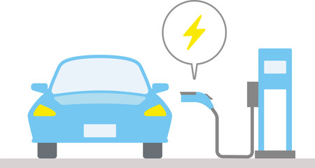 電気自動車が充電スタンドで充電する様子を正面から描いたイラスト
