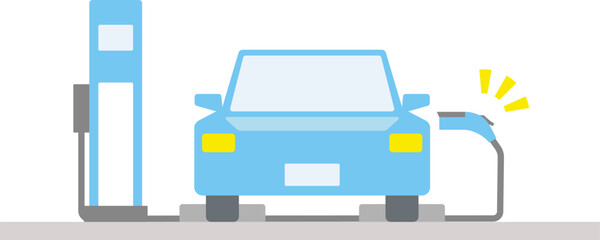 電気自動車が駐車場で充電する様子を正面から描いたイラスト