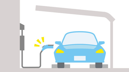 電気自動車が屋根付きの自宅駐車場で充電する様子を正面から描いたイラスト