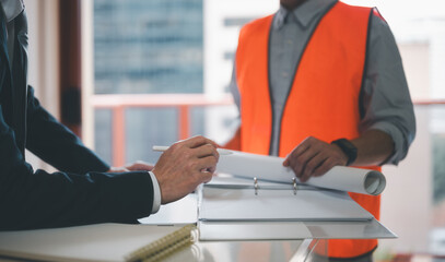 project management, businessman and contractor discussion on data or project plans and workflow, architecture or engineer meeting with businessman