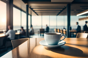 Closeup white cup of coffee on wooden table with blurred office background when break time
