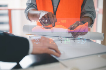 project management, businessman and contractor discussion on data or project plans and workflow,...