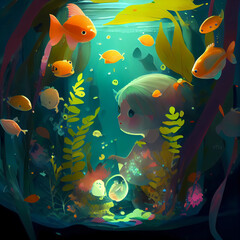 Little cute mermaid with fish deep underwater. Fairy tale book illustration created by artificial intelligence
