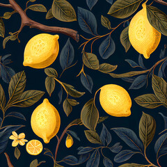 Seamless pattern with lemons and flowers on dark background. Illustration generated AI