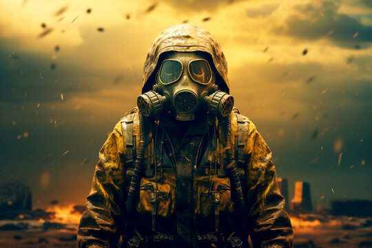 A man in a gas mask in a chemical protective suit is walking in a radioactive zone. Explosion nuclear bomb. Nuclear war, destruction of the planet. Zaporizhzhia power station. AI generated