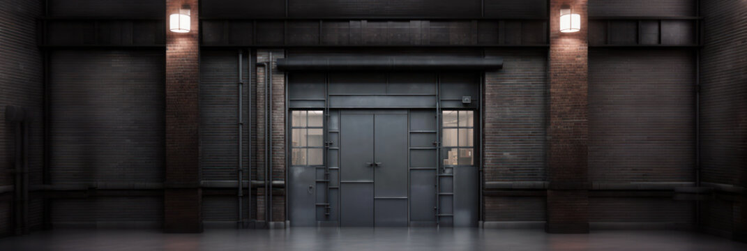 Shutters, gates, steel doors, loading section, garage view. locking mechanism. grey, black and brick wall. wide format. hand edited generative AI.
