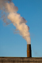 Fototapeta na wymiar smoking chimneys of a factory plant in Brazil with blue sky background