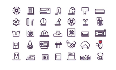 Content line symbols set. Set of video and audio line icons. Collection of media outlines icons. Music, camera, amplifier, webcam, headphones, film, TV