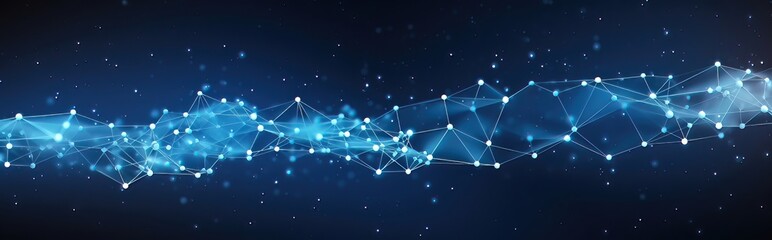 Abstract technology wave with moving dots and lines. Flow of particles and splatter. Cyber and Big Data technology in blue concept.