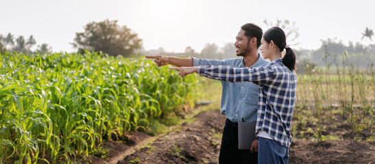 Two smart farmers pointing on vegetables field and discussion ab