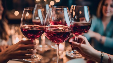 close up red wine and cheers at Family dinner for a celebration