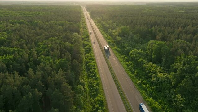 Truck aerial footage traffic transport logistic drive travel road highway