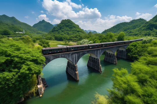 A panoramic shot of a train crossing a picturesque bridge, surrounded by stunning natural scenery, such as mountains or water bodies, generative AI