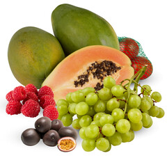 Mixed fruits, papaya, orange, grape, raspberry, passion fruit cut out, isolated transparent background
