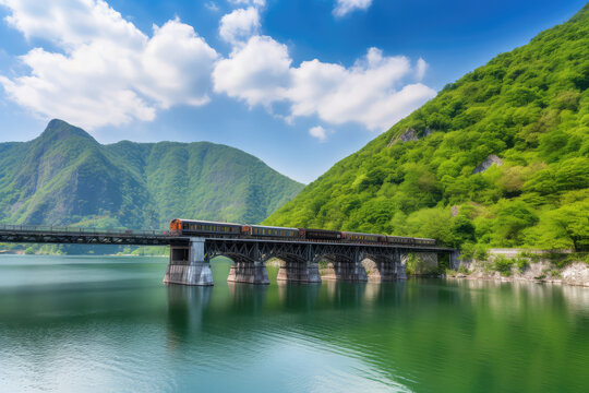 A panoramic shot of a train crossing a picturesque bridge, surrounded by stunning natural scenery, such as mountains or water bodies, generative AI