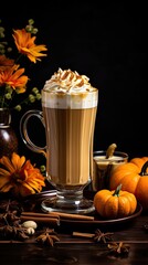 A cup of pumpkin spice latte coffee with whipped cream and pumpkins. Generative AI.