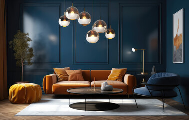 an interior with orange furniture and orange decor, in the style of dark azure, retro, generative AI