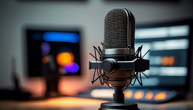 Close up microphone and blurred podcasting studio indoor background. Broadcasting concept Ai generated image