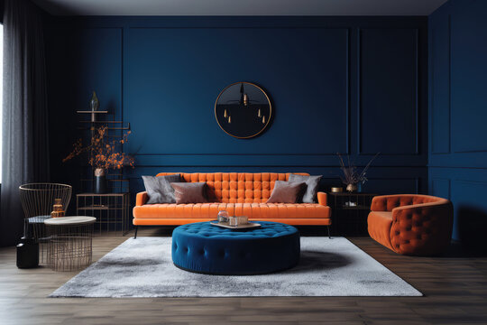 An Interior With Orange Furniture And Orange Decor, In The Style Of Dark Azure, Retro, Generative AI