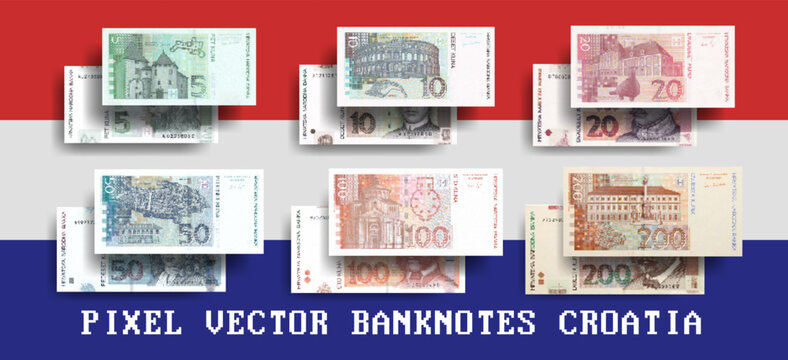 Vector pixelated mosaic set of Croatian banknotes. Notes in denominations of 5, 10, 20, 50, 100 and 200 HRK. Croatia. Kuna. Flyers or play money.