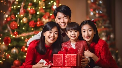Fototapeta na wymiar portrait asian happy family with christmas outfit holding red gift box with a christmas tree background