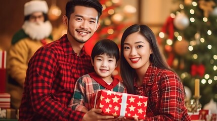 Obraz na płótnie Canvas portrait asian happy family with christmas outfit holding red gift box with a christmas tree background