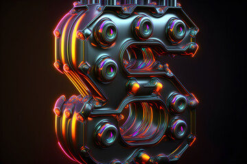 illustration of letter S made from metal with colored outline illumination in heavy metal style on black background