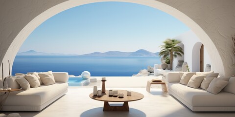 AI Generated. AI Generative. Greek island luxury hotel interior architecture design vaction relax time. Adventure chill calm vibe. Graphic Art