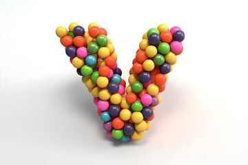 illustration of colorful letter V made from  large bright rubber balls on white background