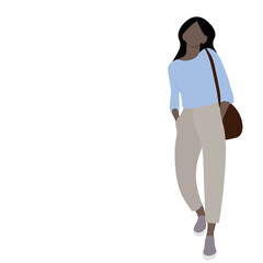 Portrait of a dark-skinned girl in full growth, hands in pockets, isolated on white, urban style, faceless illustration