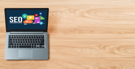 SEO search engine optimization for modish e-commerce and online retail business showing on computer...
