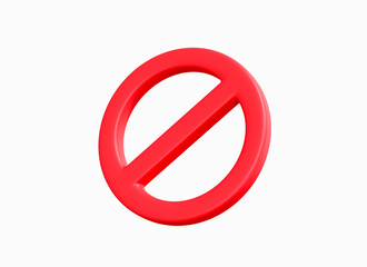 3D Forbidden sign with red crossed circle. Problem and fail. Ban in social network. Block payment. No entry symbol. Alert notification. Cartoon design icon isolated on white background. 3D Rendering