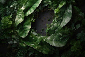 Fototapeta premium Round frame made of leaves on a black background. AI generated