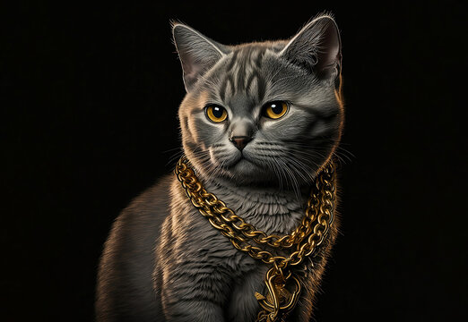 A cool cat in a jacket and a gold chain. Super realistic cat. Printing on a T-shirt, jacket, sweatshirt. Prints for clothes. Wallpaper, screensaver. Banner. AI