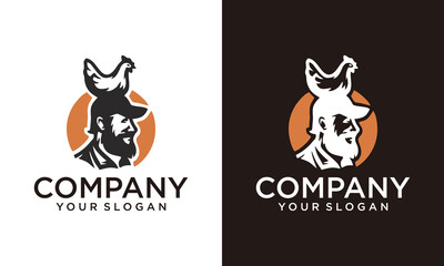 Farmer holding chicken logo. Vintage style hand drawn illustration.