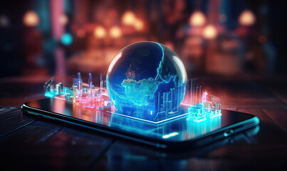 Neon Holograms of Earth and Buildings on Smartphone Screen. Created using generative AI tools