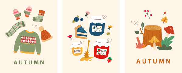 Autumn background, Three set of vector illustrations with autumn costume, wood stump in the wild, honey and fruit jam. Hand drawings for a poster, banner and card