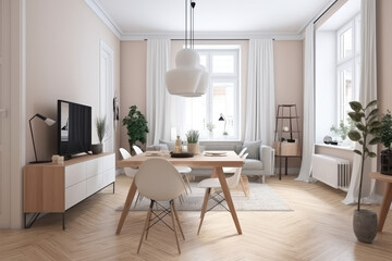 an apartment with wooden cabinets, in the style of photo-realistic landscapes, light-filled, light white and light amber, light white and light brown