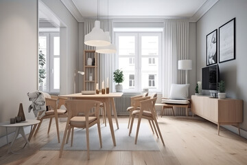 Fototapeta na wymiar an apartment with wooden cabinets, in the style of photo-realistic landscapes, light-filled, light white and light amber, light white and light brown