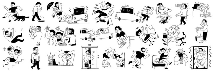 Cute character doodle illustration of general accident. Big set, bundle and collection, linear, outline, thin line art, hand drawn sketch design, black and white ink style. 