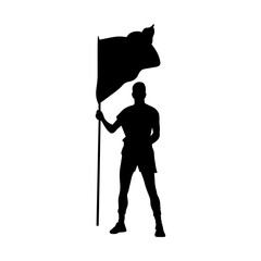 Vector illustration. Silhouette of a guy with a flag in his hands.