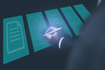 Document data system Report HR technology Concept, Businessman Manager checking white documents reports papers files icon in modern office, hand holding pen with icon of documents data report