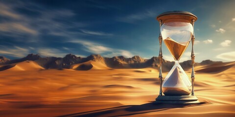 A panoramic shot of a glass hourglass with flowing minutes of sand in a vast desert expanse with mountains in the background - sands of time and ecological climate disaster concept - Generative AI - obrazy, fototapety, plakaty