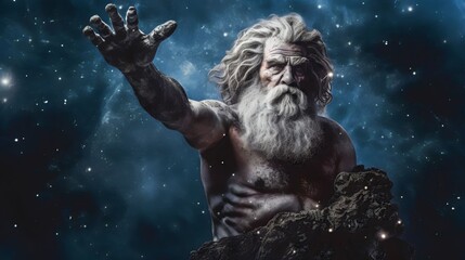 the primordial darkness embodying a greek god, erebus wearing ancient greek clothing, galaxy with solar system as background