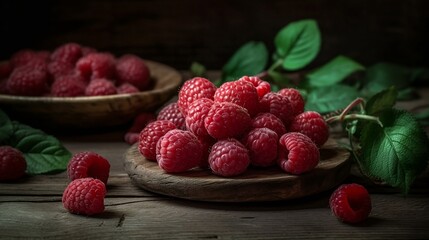 Fresh raspberries on a wooden background. Generative AI