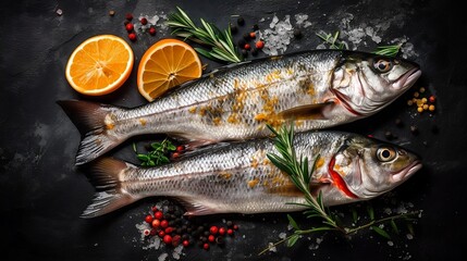 Obraz na płótnie Canvas Fresh fish seabass and ingredients on the dark background. Generative AI