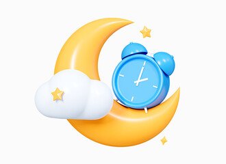 3D Crescent moon and blue alarm clock with cloud and stars. Time to sleep. Relax and rest concept. Good night. Sweet dreams. Cartoon creative design icon isolated on white background. 3D Rendering