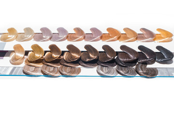 Miscellaneous various samples color palette dye coloring hair shade tint set design on white background, isolated