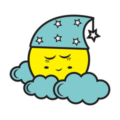 Colored sleeping moon on a cloud, vector illustration in cartoon style