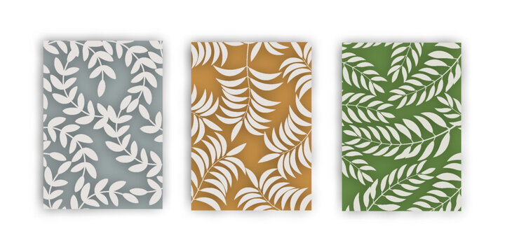 Palm leaves. Tropical seamless background pattern. Graphic design with amazing palm trees suitable for fabrics, packaging, covers. Set of vector posters